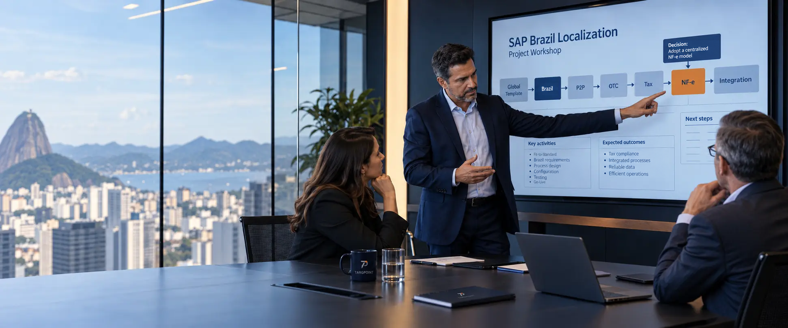 Specialist leading an SAP Brazil Localization workshop with an international team in Rio de Janeiro