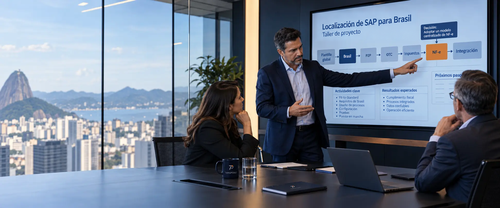 Especialista dirigiendo un taller de localización de SAP para Brasil con un equipo internacional en Río de Janeiro