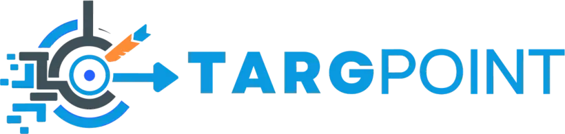Segunda identidade visual da TargPoint, em azul e cinza, com alvo e setas