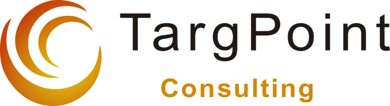 Primeira identidade visual da TargPoint, com círculos em espiral laranja