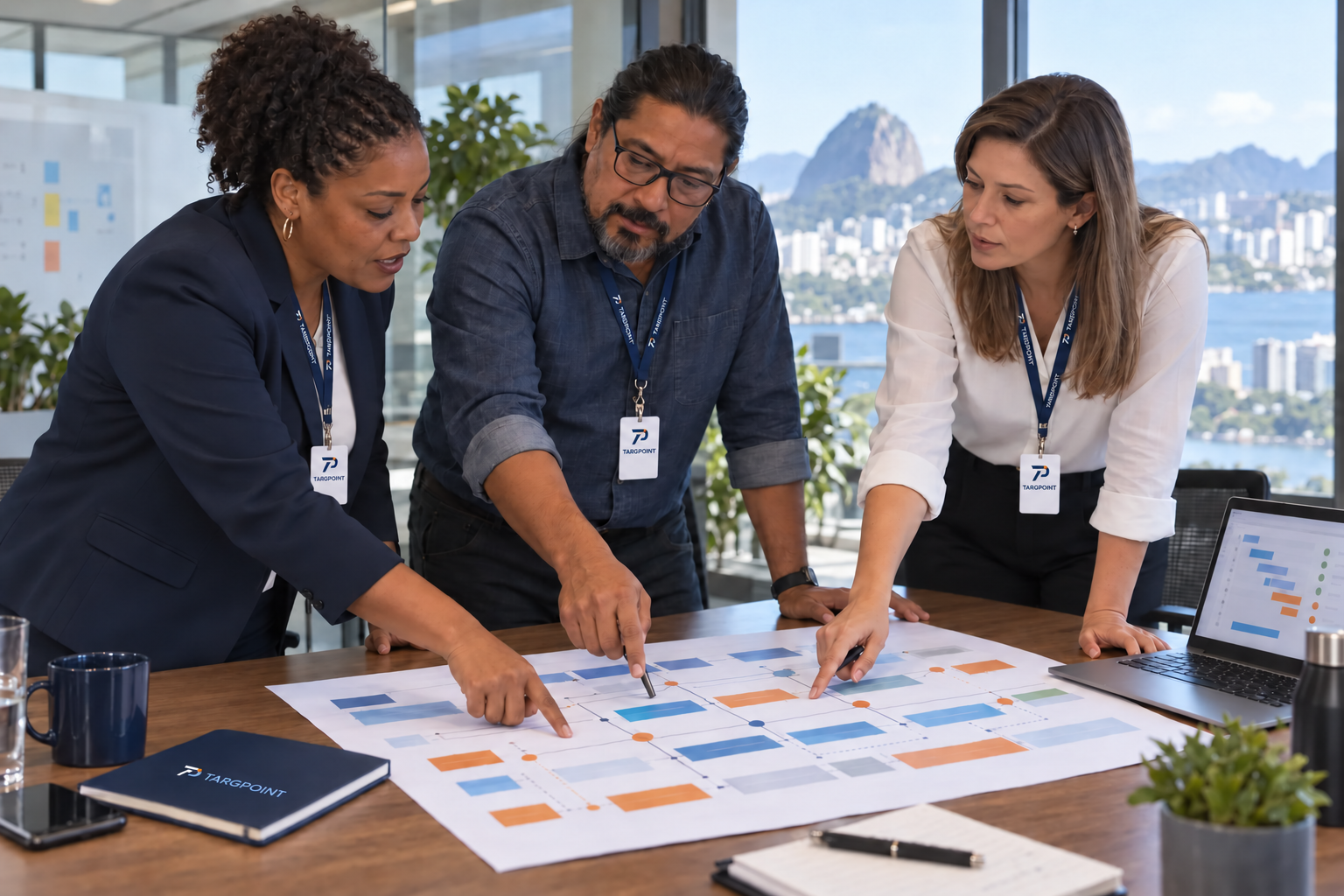 Socio, especialista local y cliente acordando responsabilidades en un plan compartido
